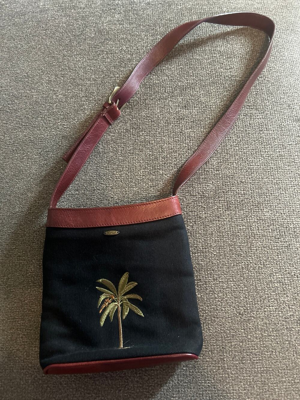 Scala Y2K Cotton Leather Trim Canvas Black Palm Tree Bucket Crossbody Purse